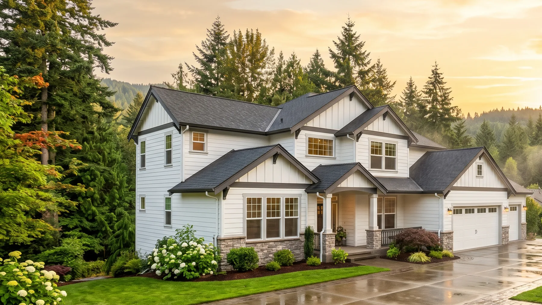 Freshly cleaned Pacific Northwest home with bright siding, clean concrete, roofline, gutters, and deck