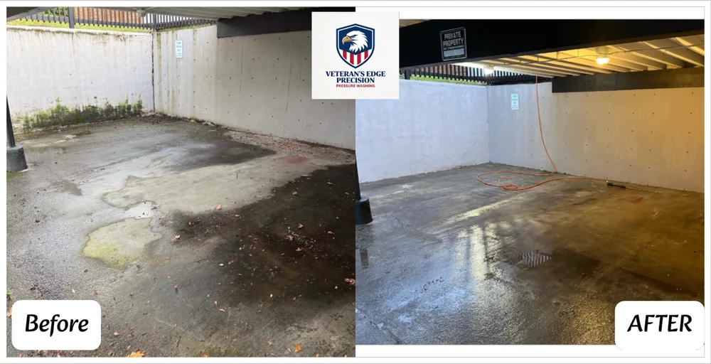 Before and after covered garage floor cleaning