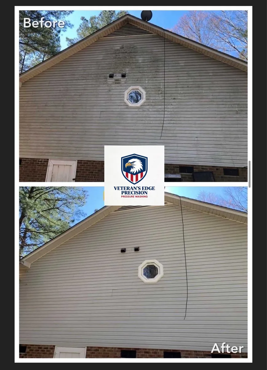 Before and after siding soft wash on a home gable
