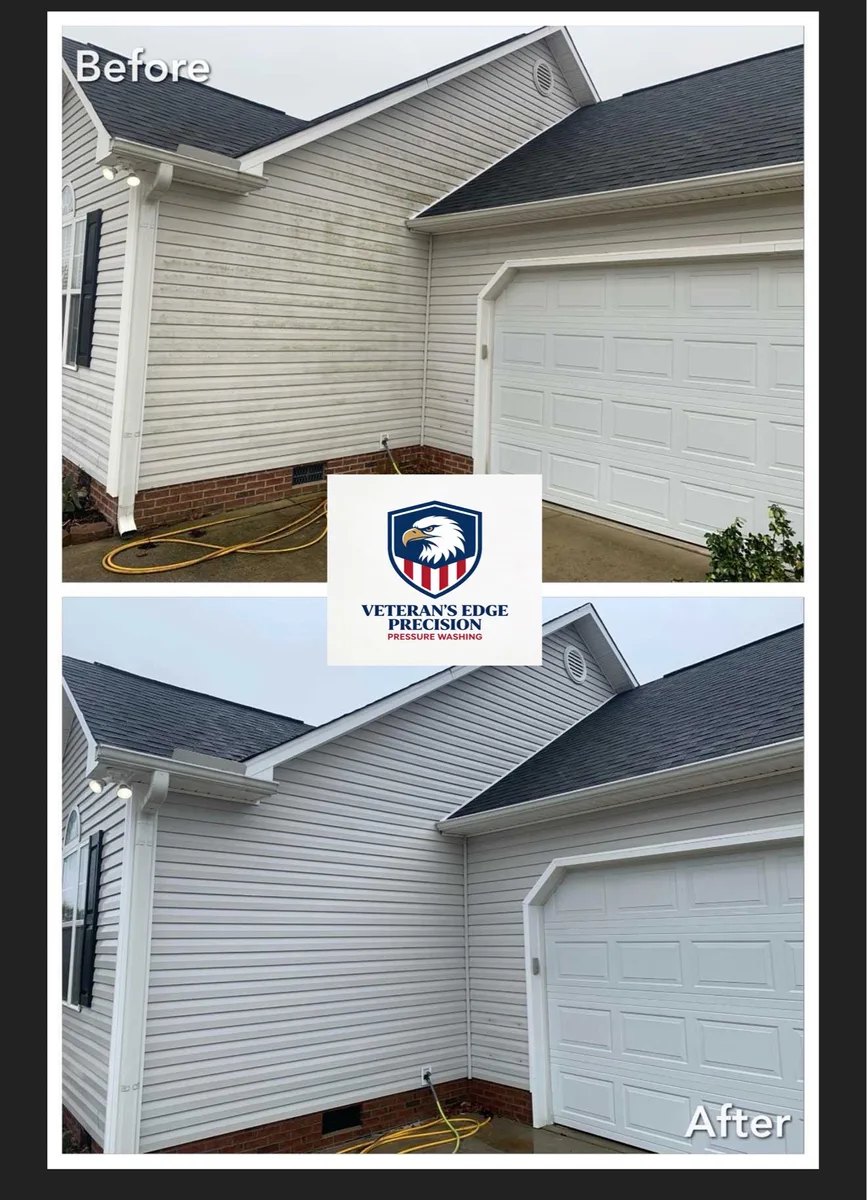Before and after roof cleaning above a garage