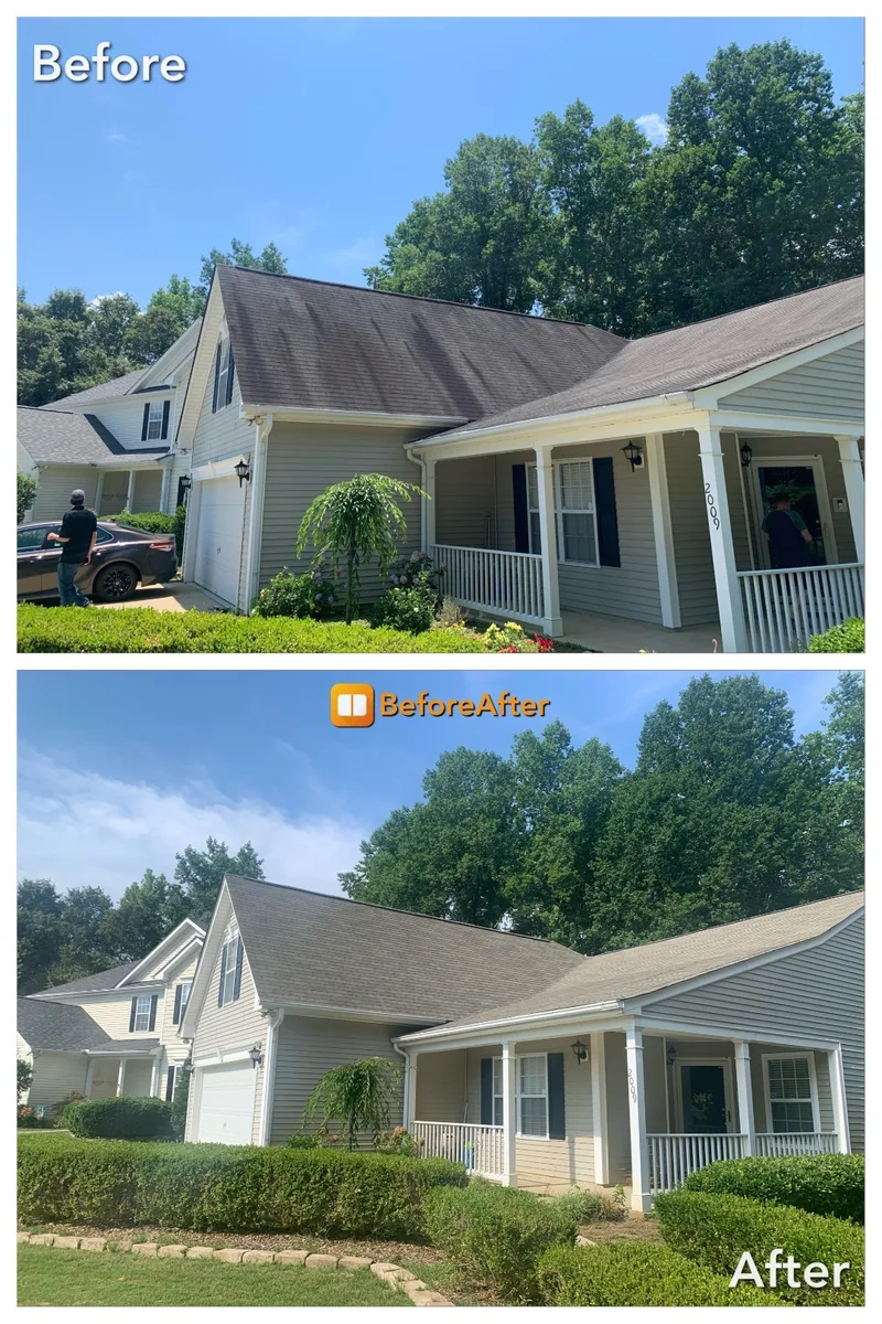 Before and after roof cleaning result on a home exterior