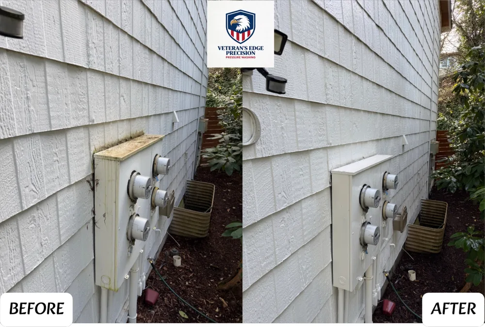 Before and after utility wall soft wash