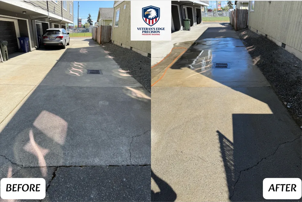 Before and after walkway concrete cleaning between buildings