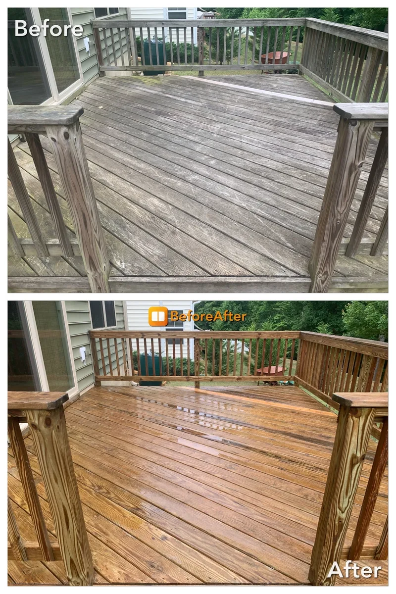 Before and after wood deck cleaning result